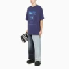 Balenciaga FW21 för män, kemtvätt, alfabettryck, retro-stickad, kortärmad, marinblå 651795TKVF83866