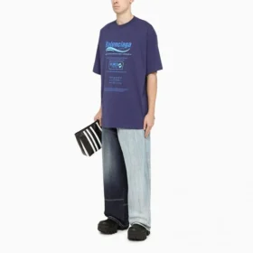 Balenciaga FW21 för män, kemtvätt, alfabettryck, retro-stickad, kortärmad, marinblå 651795TKVF83866