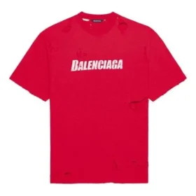 Balenciaga herrtröja med alfabetmönster, hål, rund hals och korta ärmar, röd 651795TKVB86295 Balenciaga herrtröja med alfabetmönster, hål, rund hals och korta ärmar, röd 651795TKVB86295