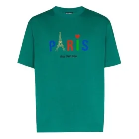 Balenciaga Paris Love T-shirt för män, vanlig passform, tryck, korta ärmar, grön 594579TGV433640