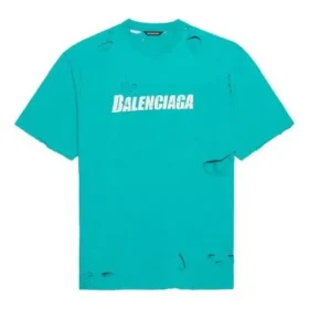 Balenciaga SS21 för män, rundhalsad kortärmad tröja med alfabetmönster och hål, grön 651795TKVB84661