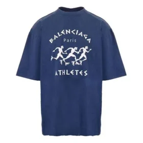 Balenciaga SS21 löpartröja för män med mönstertryck och logotyp, lös passform, kortärmad, blå 641614TJVK64866