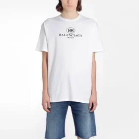 Balenciaga-tröja för män med logotryck, rund hals och korta ärmar, vit 556150TYK239000