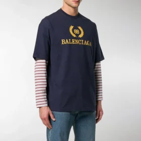 Balenciaga-tröja för män med logotyp, rund hals och korta ärmar, marinblå 535622TAV044128