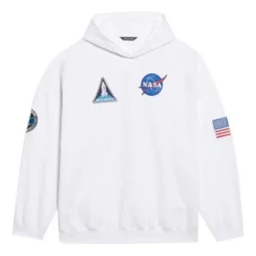 Balenciaga x NASA FW21 Crossover Logo bomullströja med huva, lös passform och långa ärmar för män, vit 651799TKVD89040