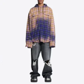 Blekad rutig långärmad hoodie ”Purple Beige” 699223TMM095212