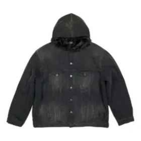 Denim-jackor med huva och knappar i blekt utseende ”Black” 724653TNW541129