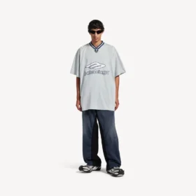 Herr-T-shirt med V-ringning i grått/vitt, modell 3b, oversized