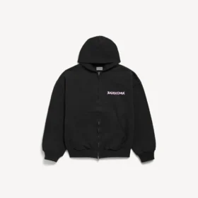 Huvtröja för herr med dragkedja, DIY Balenciaga-motiv på ryggen och normal passform, i svart