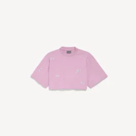 Kort T-shirt för dam med 520 klistermärken i gammaldags rosa/vitt