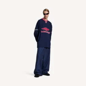 Långärmad V-ringad fotbollst-shirt för herr i mörk marinblå/röd