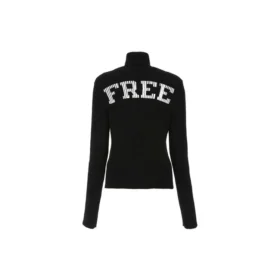 Ribbad, tryckt FREE-tröja med hög hals ”Svart” 662722T32101070