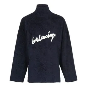 Tröja med hög hals i borstad bomull och klotterlogotyp ”Navy” 625935T31828065