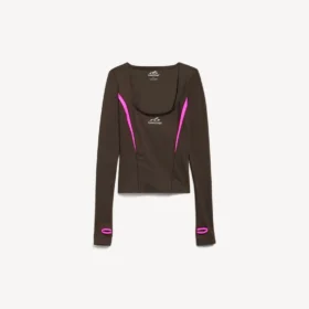 Tätsittande långärmad techwear-tröja för damer i khakibrunt/neonrosa